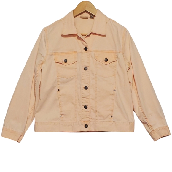 Chico's Womens Peach Long Sleeve Denim Jacket With Silver Logo Buttons Size 0 - Picture 2 of 11